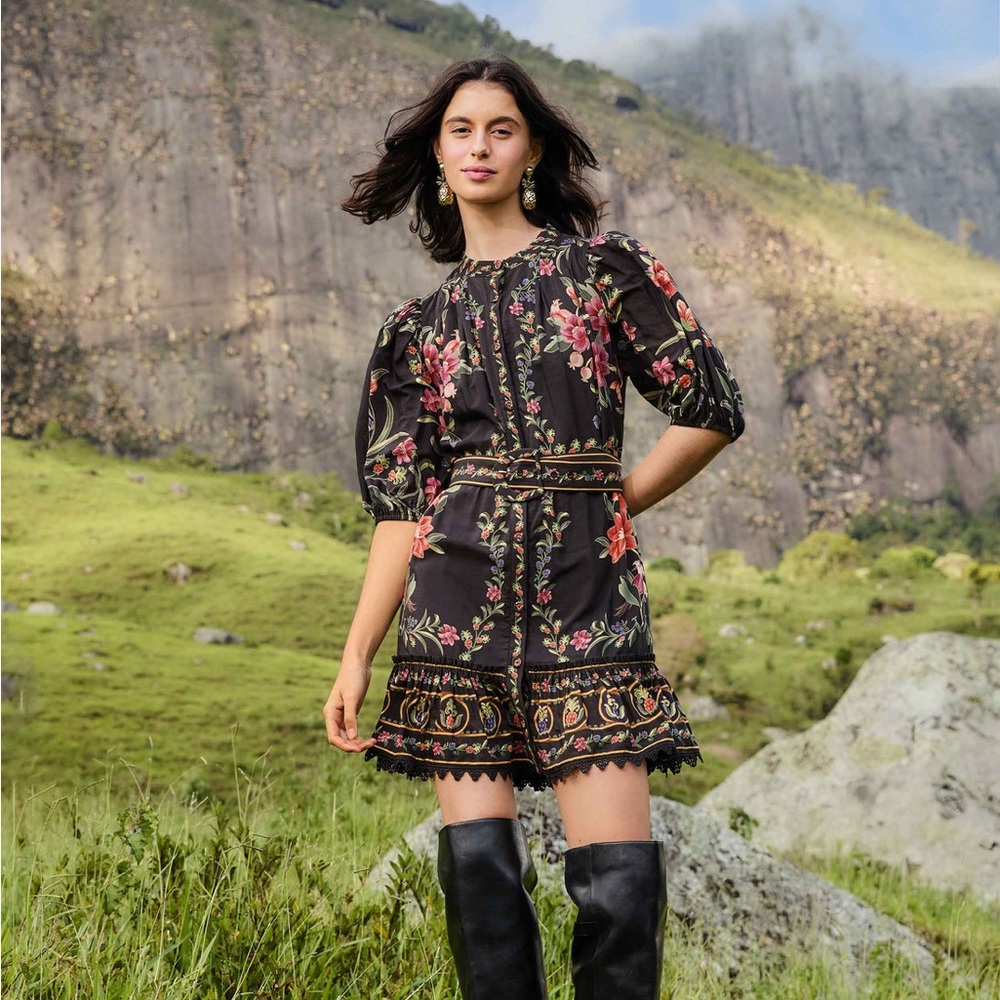 NWT FARM RIO Black Belle Garden Lace Belted Mini Dress